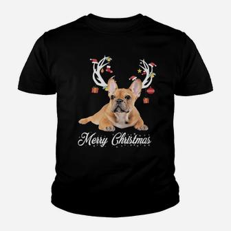 French Bulldog Reindeer Horns Merry Xmas Dog Lover Gift Youth T-shirt - Monsterry