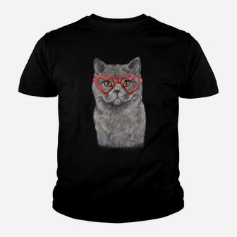 Funny Cat Heart Glasses Valentine's Day British Shorthair Youth T-shirt | Crazezy DE