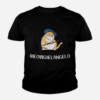 Funny Cat Pun - Italian Artist Painting Meowchelangelo Youth T-shirt | Crazezy