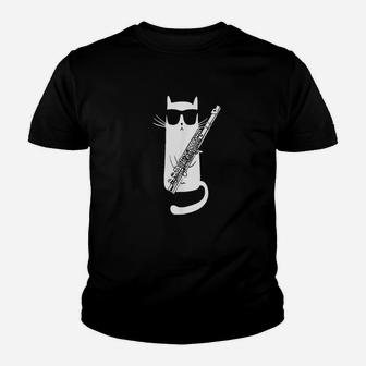 Funny Cat Wearing Sunglasses Playing Flute Youth T-shirt | Crazezy CA
