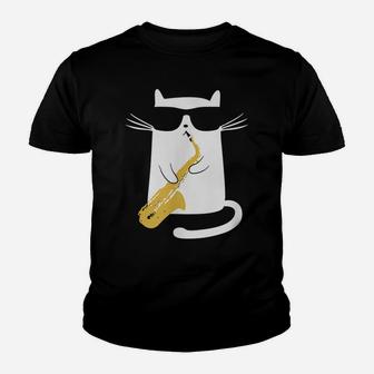 Funny Cat Wearing Sunglasses Playing Saxophone Gift Youth T-shirt | Crazezy UK