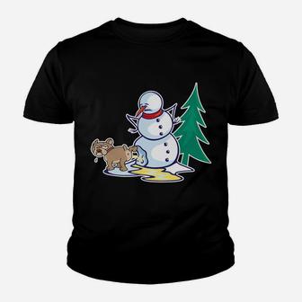 Funny Christmas Dog Peeing On Snowman Winter Youth T-shirt | Crazezy