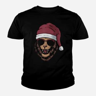 Funny Cool Lion Wearing Sunglasses And Santa Hat Youth T-shirt - Monsterry