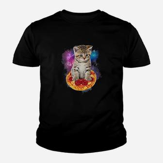 Funny Galaxy Cat Space Cat Eat Pizza And Taco Youth T-shirt | Crazezy DE