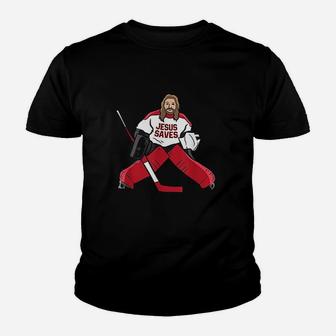 Funny Hockey Jesus Saves Hockey Goalie Youth T-shirt | Crazezy