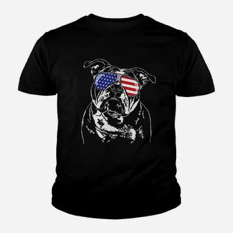 Funny Proud Old English Bulldog American Flag Sunglasses Youth T-shirt | Crazezy