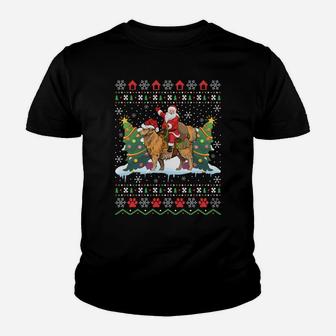 Funny Ugly Xmas Santa Riding Golden Retriever Dog Christmas Sweatshirt Youth T-shirt | Crazezy
