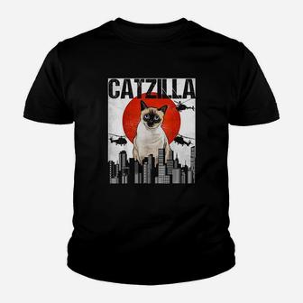 Funny Vintage Japanese Catzilla Siamese Cat Youth T-shirt | Crazezy