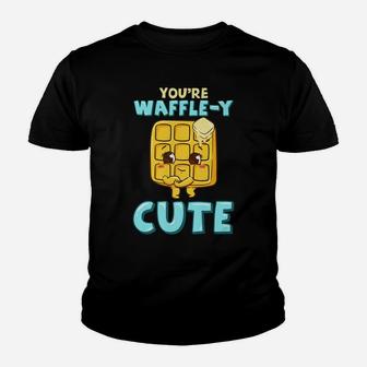 Funny You're Waffle-Y Cute Adorable Waffle Breakfast Pun Youth T-shirt | Crazezy