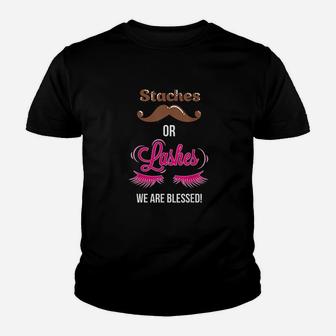 Gender Reveal Staches Or Lashes We Are Blessed Youth T-shirt | Crazezy