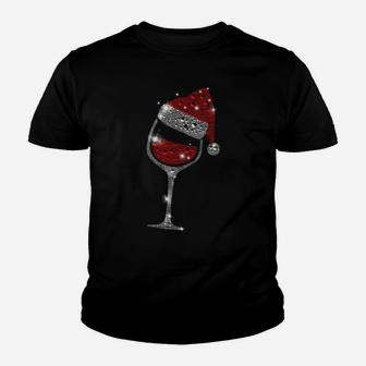 Glass Of Red Wine Santa Hat Christmas For Men Women Family Youth T-shirt | Crazezy