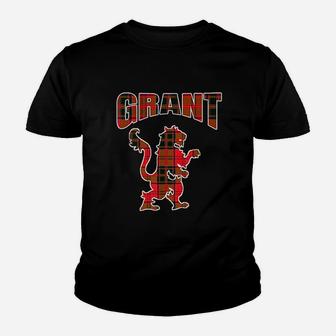 Grant Clan Kilt Tartan Lion Namesake Scottish Youth T-shirt | Crazezy