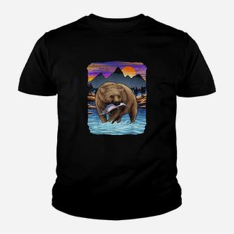 Grizzly Bear Catching Salmon Alaska Fishing Nature Lover Youth T-shirt | Crazezy CA