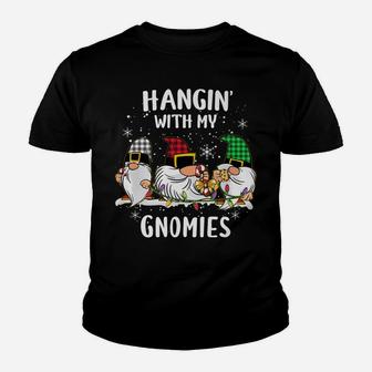Hangin' With My Gnomies Three Gnomes Christmas Buffalo Plaid Youth T-shirt | Crazezy