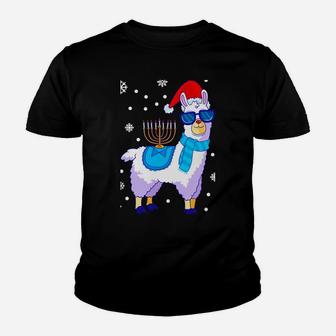 Hanukkah Llama Menorah Alpaca Santa Hat Christmas Chanukah Sweatshirt Youth T-shirt | Crazezy
