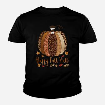 Happy Fall Y’All Pumpkin Leopard Print Thanksgiving Autumn Sweatshirt Youth T-shirt | Crazezy DE