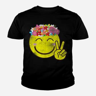 Happy Smiley Face Rainbow Floral Emoticon Flower Peace Sign Youth T-shirt | Crazezy AU