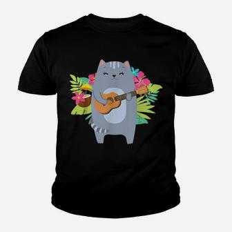 Hawaiian Uke Cat Playing Ukulele Flower Youth T-shirt | Crazezy