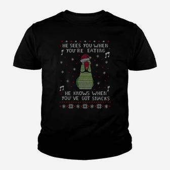 He Sees You When You're Eating He Knows When You've Got Snacks Ugly Xmas Youth T-shirt - Monsterry DE