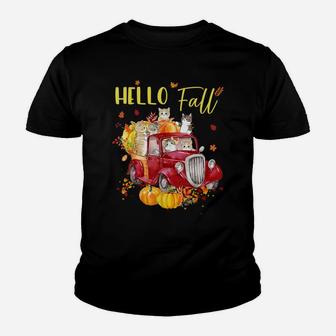 Hello Fall Truck Pumpkin Funny Cat Kitties Thanksgiving Day Youth T-shirt | Crazezy DE