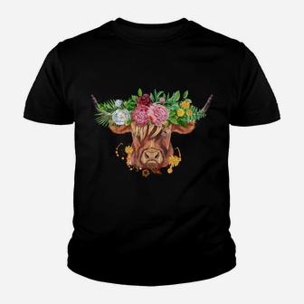 Highland Cow Scottish Coo Cow Lover Farm Animal Floral Youth T-shirt | Crazezy AU