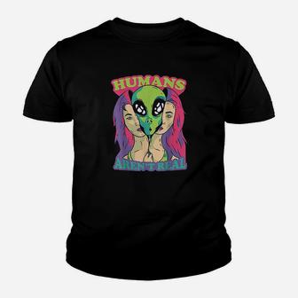 Humans Arent Real Funny Comic Style Alien Outer Space Youth T-shirt | Crazezy