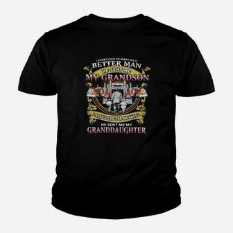 I Asked God To Make A Better Man He Sent Me My Grandson He Sent Me My Granddaughter Trucker Youth T-shirt - Monsterry
