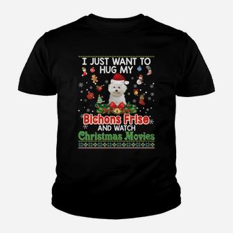 I Just Want To Hug My Bichons Frise Dog And Watch Christmas Youth T-shirt | Crazezy CA
