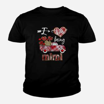 I Love Being Mimi Red Plaid Truck Hearts Valentines Day Youth T-shirt - Monsterry