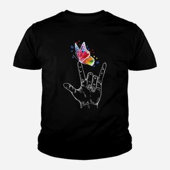 I Love You Hand Sign Language Butterfly Autism Awareness Youth T-shirt | Crazezy