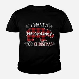 I Want A Hippopotamus For Christmas Cute Hippo Red Plaid Youth T-shirt | Crazezy
