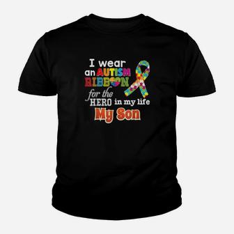 I Wear An Autism Ribbon For My Hero Son Rainbow Puzzle Youth T-shirt - Monsterry