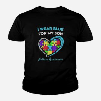 I Wear Blue For My Son Awareness Mom Dad Heart Puzzle Youth T-shirt | Crazezy