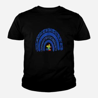 In April We Wear Blue Rainbow Puzzle Autism Awareness Day Youth T-shirt - Monsterry