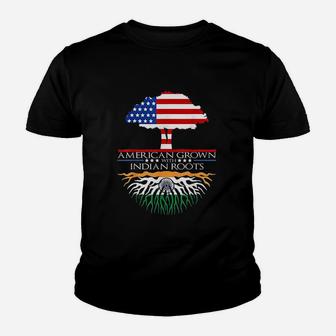 Indian Roots American Grown Tree Flag Usa India Asian Youth T-shirt | Crazezy