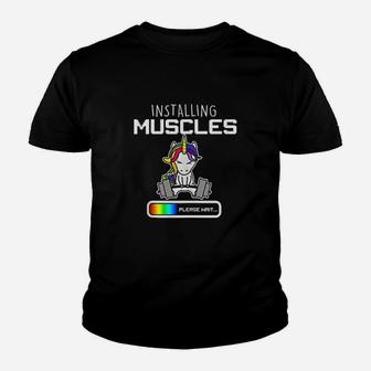 Installing Muscles Unicorn Loading Funny Lifting Youth T-shirt | Crazezy UK