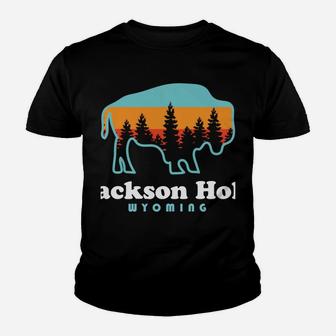 Jackson Hole Wyoming Bison Mountains Retro Youth T-shirt | Crazezy