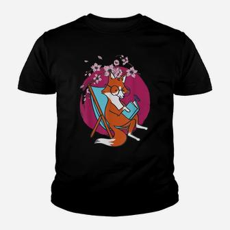 Japanese Cherry Blossom Flower Vintage Fox Book Reading Youth T-shirt | Crazezy AU