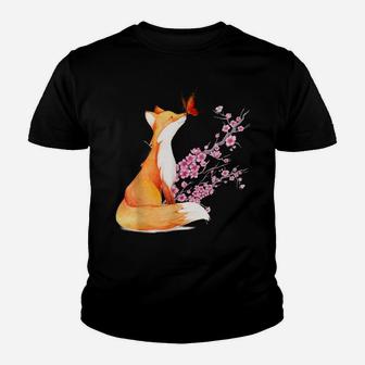 Japanese Fox Cherry Blossom Flower Sakura Trees Kawaii Youth T-shirt | Crazezy