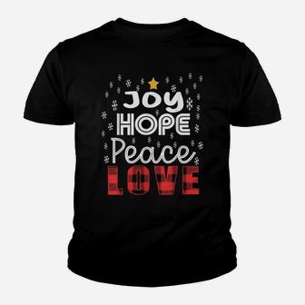 Joy Hope Peace Love Snowflakes Buffalo Plaid Text Christmas Youth T-shirt | Crazezy