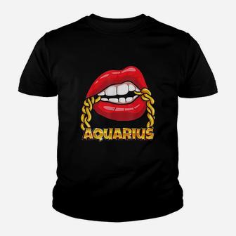 Juicy Lips Gold Chain Aquarius Zodiac Sign Youth T-shirt | Crazezy