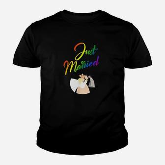 Just Married Double Bride Couple Rainbow Color Print Youth T-shirt | Crazezy UK