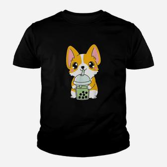 Kawaii Cute Boba Corgi Dog Matcha Green Bubble Milk Tea Youth T-shirt | Crazezy