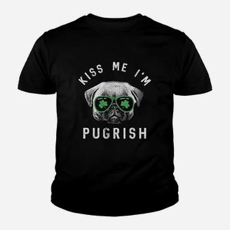 Kiss Me Im Pugrish Funny Saint Patricks Day Pug Irish Clover Youth T-shirt | Crazezy UK