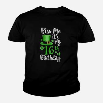 Kiss Me Its My 16Th Birthday St Patricks Day Shamrock Gift Youth T-shirt | Crazezy CA
