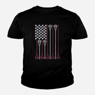 Lacrosse Stick American Flag Lax Player Youth T-shirt | Crazezy