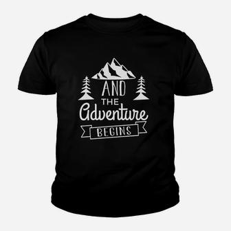 Ladies Adventure Begins Camping Rocker Youth T-shirt | Crazezy