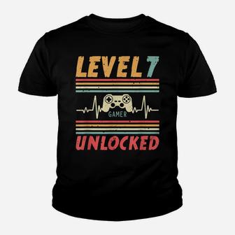Level 7 Unlocked Gamer Heartbeat Video Game 7Th Birthday Youth T-shirt | Crazezy