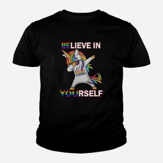 Lgbt Unicorn Dabbing Believe In Yourself Pride Youth T-shirt - Monsterry