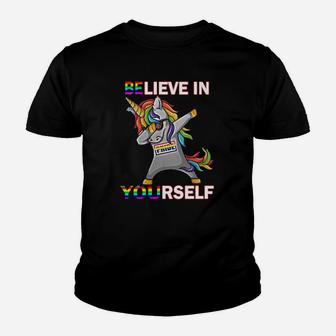 Lgbt Unicorn Dabbing Believe In Yourself Pride Youth T-shirt - Monsterry DE